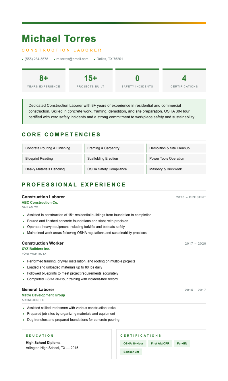 Corporate ESG construction laborer resume